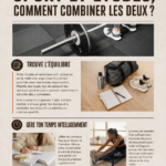 Femme étudiant avec des livres et du matériel de sport, représentant le mélange d'études et d'activités sportives.