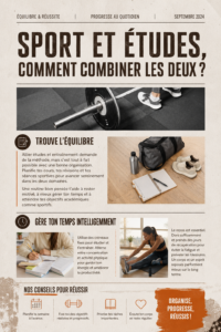 Femme étudiant avec des livres et du matériel de sport, représentant le mélange d'études et d'activités sportives.