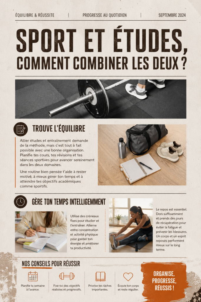 Femme étudiant avec des livres et du matériel de sport, représentant le mélange d'études et d'activités sportives.