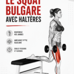 Femme effectuant un Bulgarian Split Squat avec haltères dans un cadre lumineux.