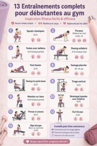 Femme s'entraînant avec des poids légers dans une salle de sport, montrant des séances d'entraînement accessibles et efficaces.