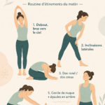 Une femme effectuant des étirements doux dans un cadre naturel au matin.