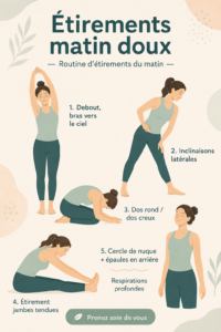 Une femme effectuant des étirements doux dans un cadre naturel au matin.