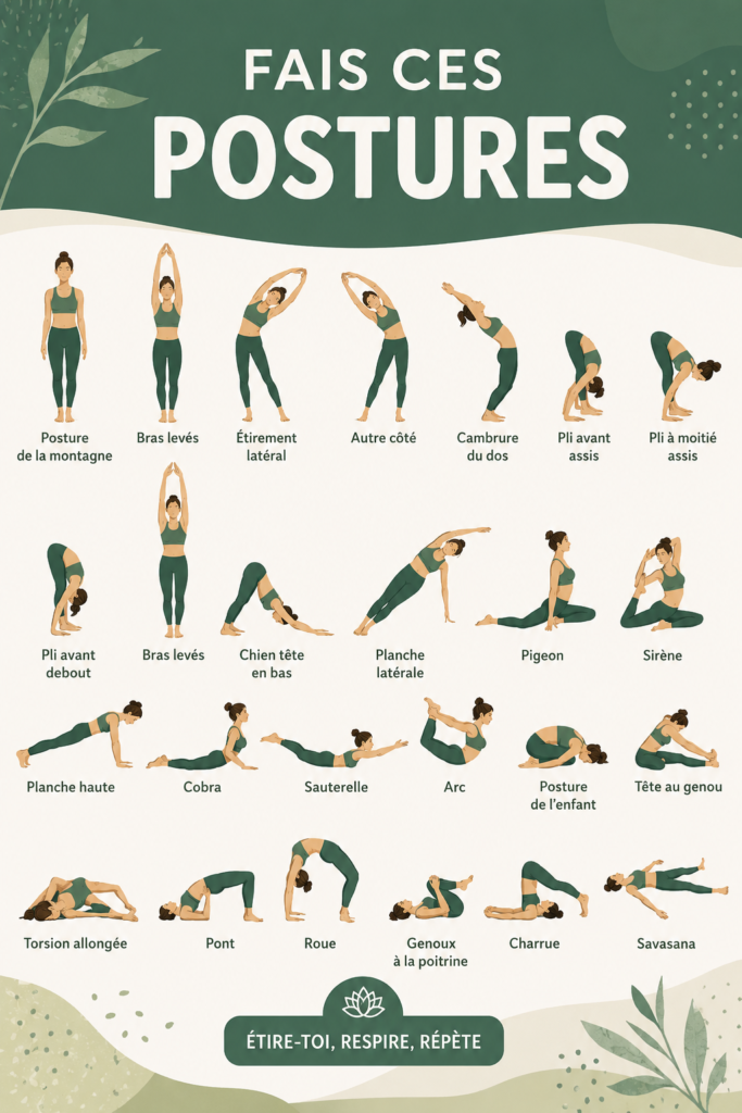 Une femme pratiquant des poses de yoga relaxantes dans un environnement paisible.