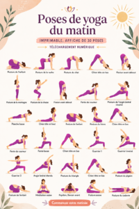 Affiche imprimable de 30 poses de yoga du matin, inspirante et pratique.