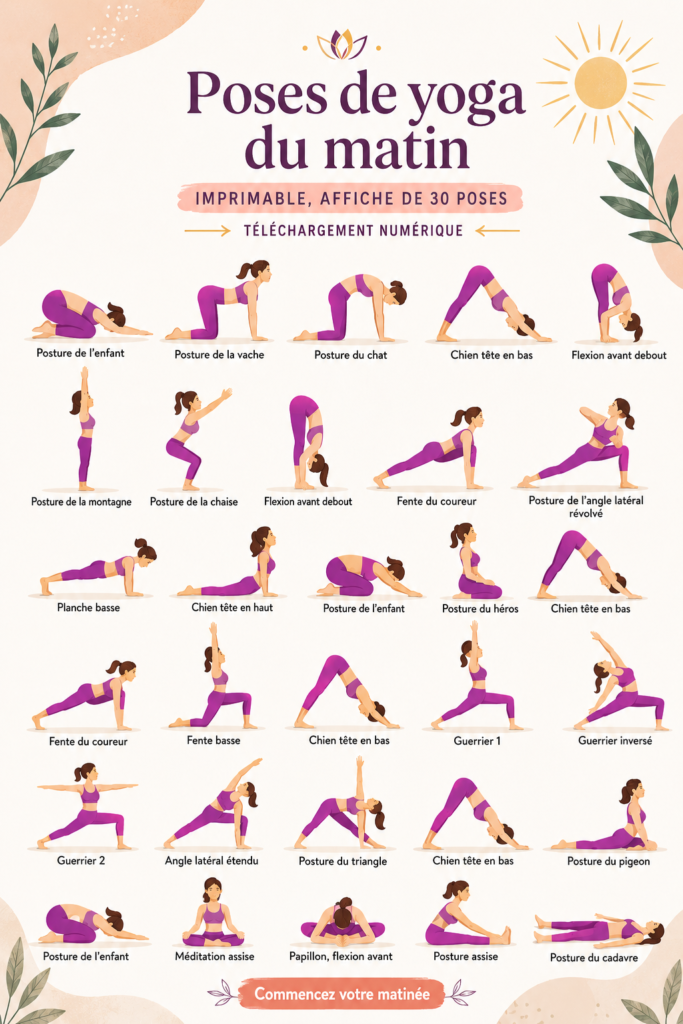 Affiche imprimable de 30 poses de yoga du matin, inspirante et pratique.