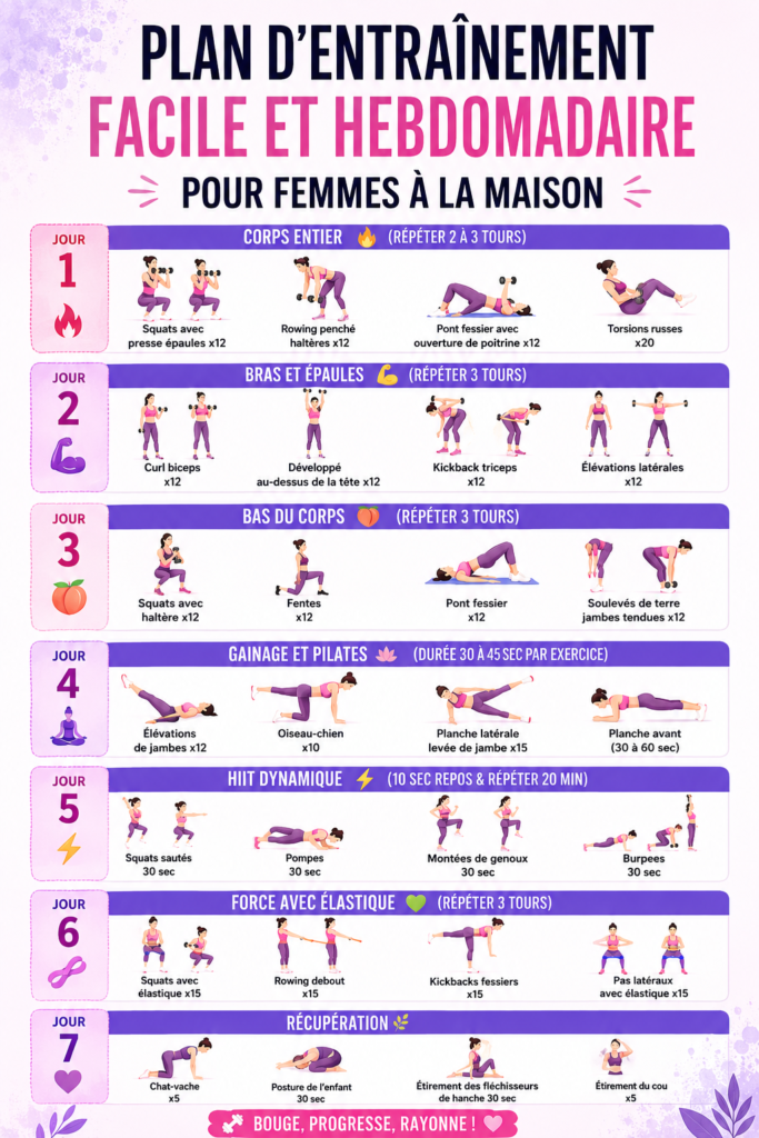 Femmes s'entraînant à la maison avec un programme d'exercises hebdomadaire