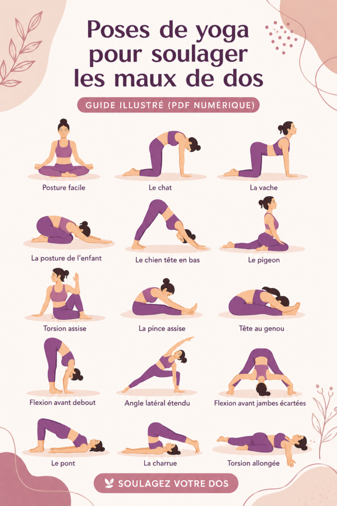 Femme pratiquant des poses de yoga pour soulager les maux de dos dans un cadre serein.