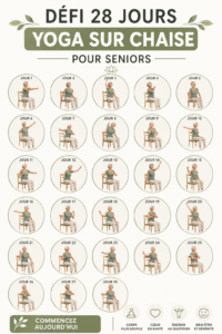 Femme pratiquant le yoga sur une chaise, souriante et détendue