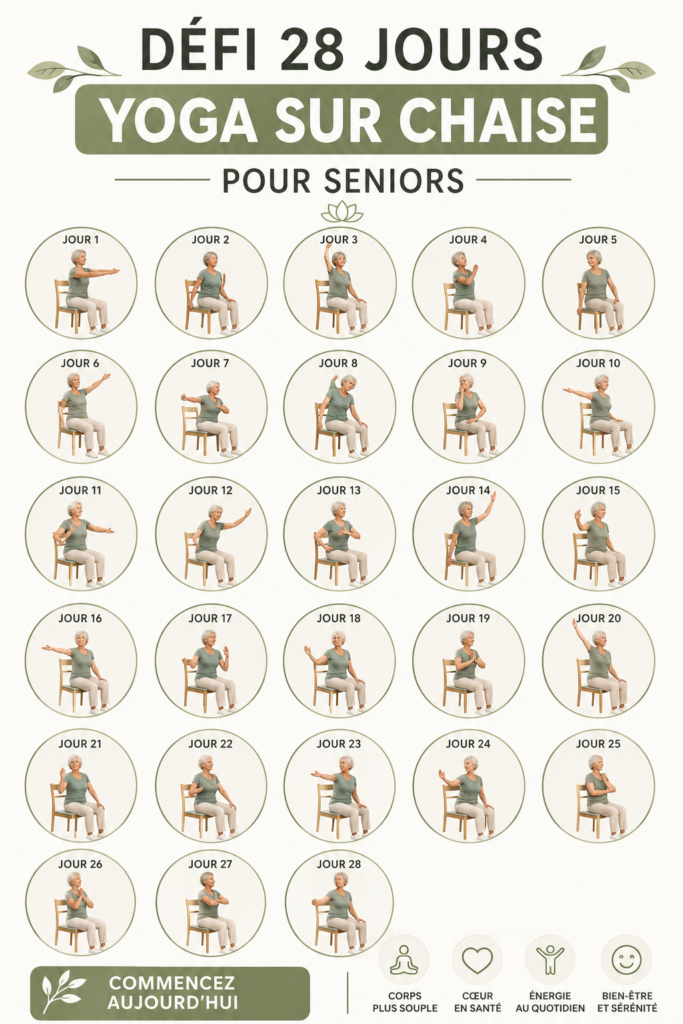 Femme pratiquant le yoga sur une chaise, souriante et détendue