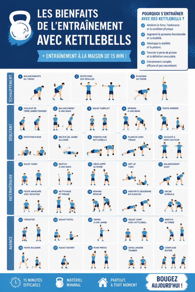 Femme exécutant un exercice avec des kettlebells à la maison.