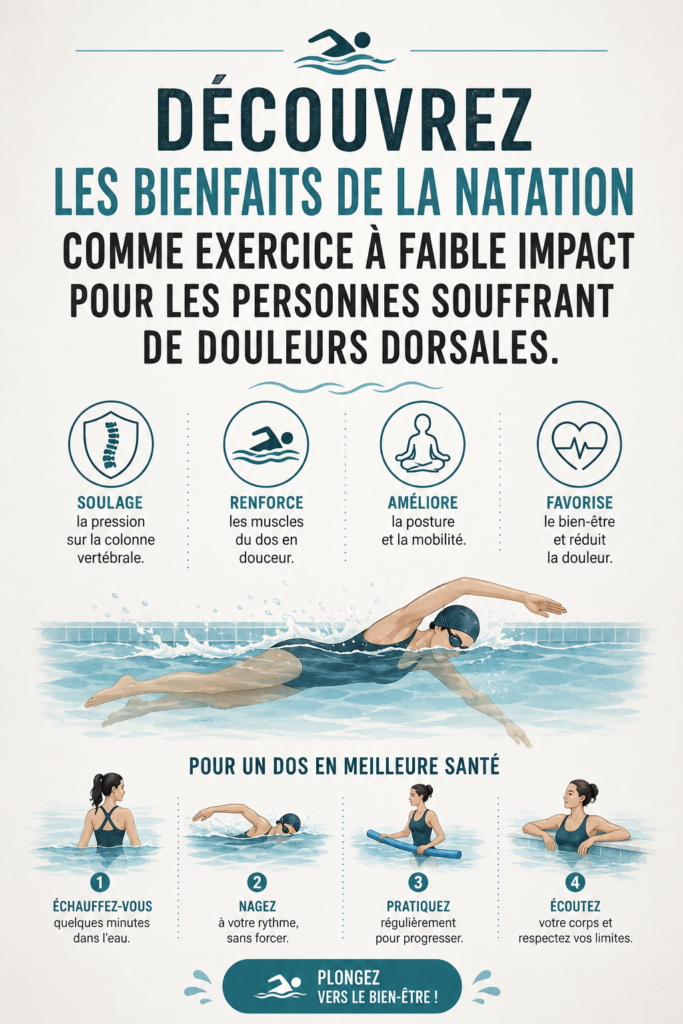 Femme nageant paisiblement dans une piscine, soulageant ses douleurs dorsales.