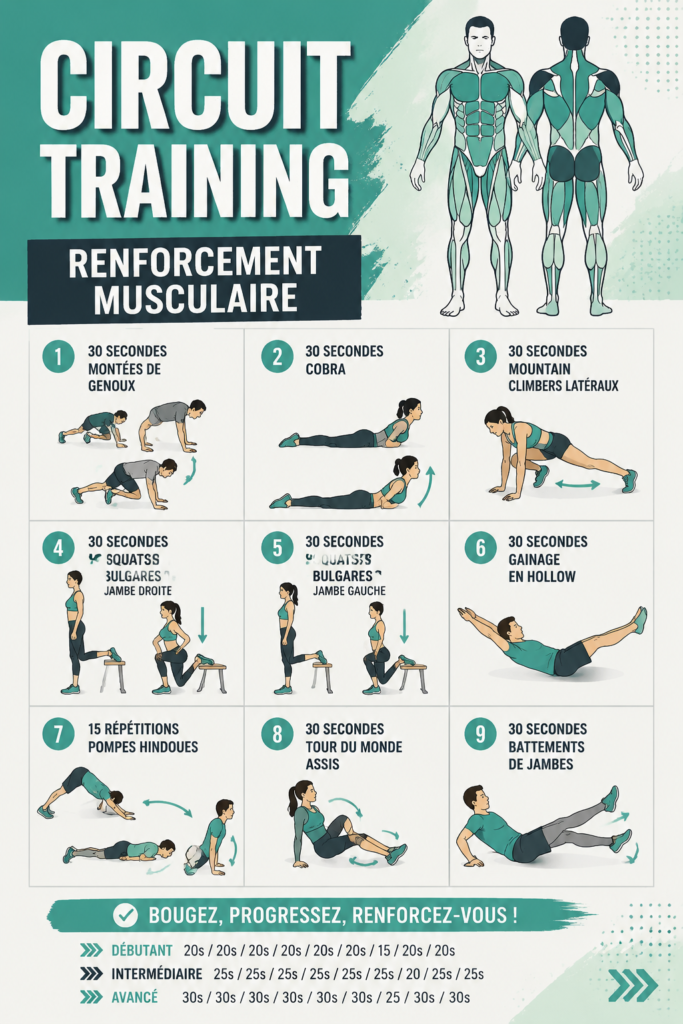 Femme effectuant un circuit training à la maison avec des poids légers