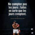 Portrait inspirant de Muhammad Ali avec des citations motivantes en arrière-plan.