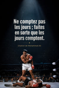 Portrait inspirant de Muhammad Ali avec des citations motivantes en arrière-plan.