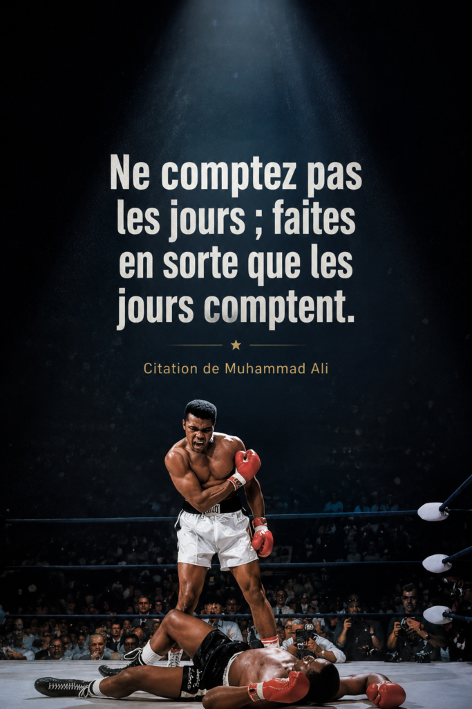 Portrait inspirant de Muhammad Ali avec des citations motivantes en arrière-plan.