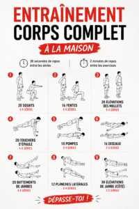 Femme réalisant un entraînement complet à domicile dans un salon lumineux.