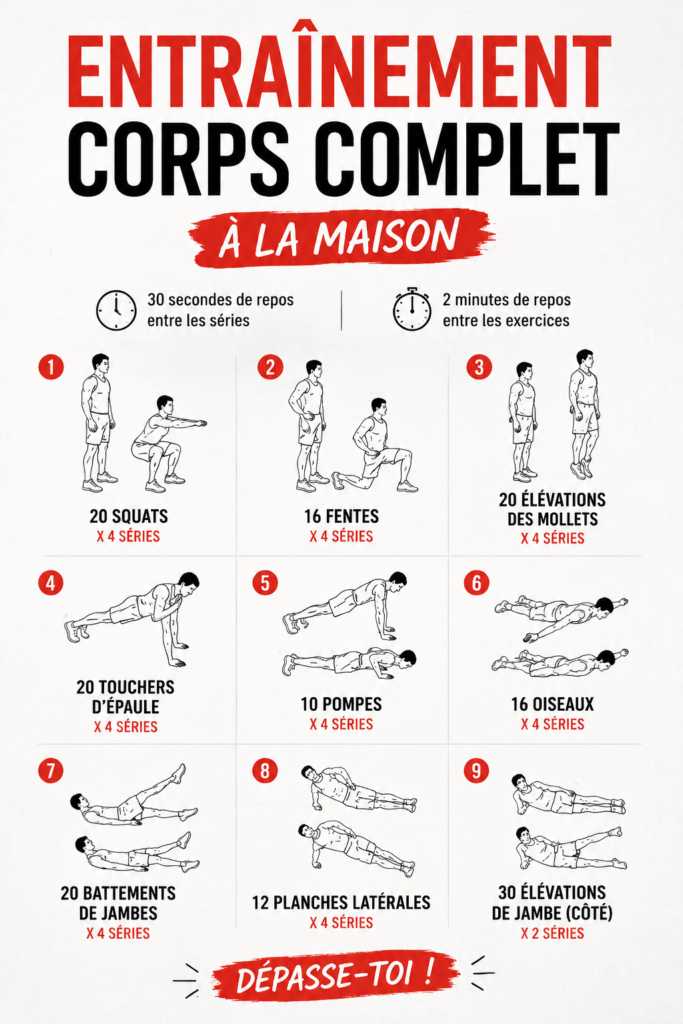 Femme réalisant un entraînement complet à domicile dans un salon lumineux.