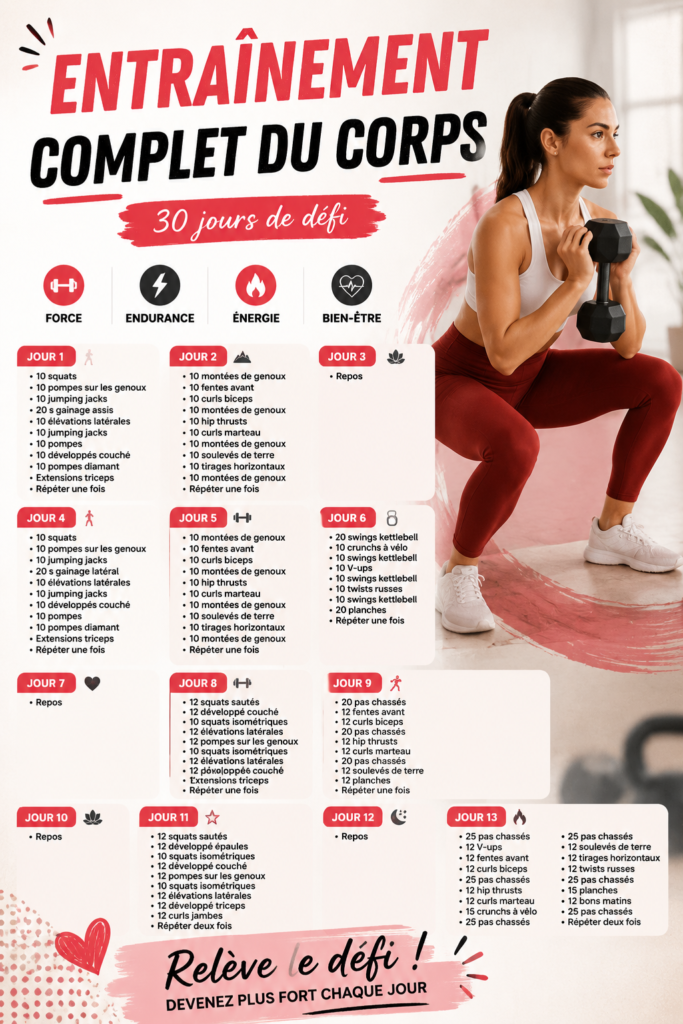 Femme en train de réaliser un exercice de renforcement musculaire complet à la maison
