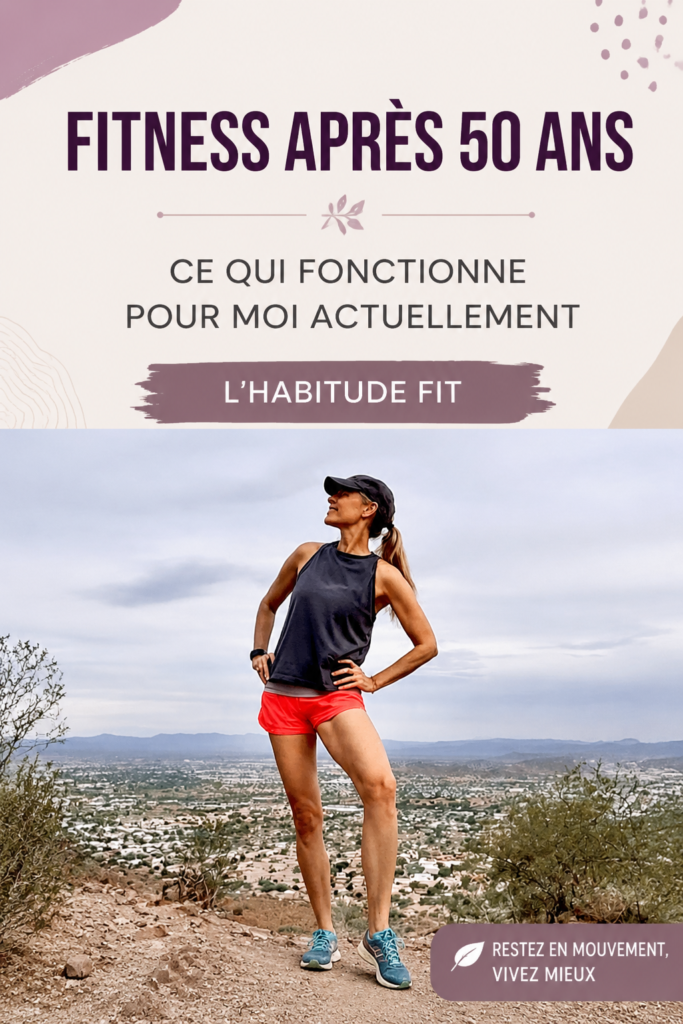 Femme active de plus de 50 ans pratiquant le yoga en plein air, souriante et sereine.