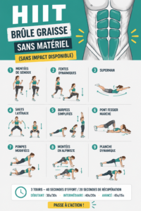 Femme s'entraînant avec le HIIT à la maison sans matériel.