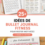 Une belle page de bullet journal fitness avec des illustrations colorées et des trackers d'exercice.