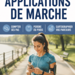 Une femme marchant dans un parc en utilisant une application de marche sur son smartphone.