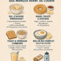 Femme préparant un petit-déjeuner sain avec des fruits, des céréales et du yaourt pour bien commencer sa journée de course.