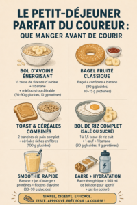 Femme préparant un petit-déjeuner sain avec des fruits, des céréales et du yaourt pour bien commencer sa journée de course.
