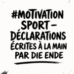 Une femme souriante en pleine séance de sport, entourée de phrases inspirantes affichées sur des panneaux.