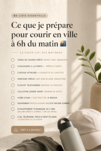 Femme courant dans une ville au petit matin avec un sourire, prête pour sa routine matinée