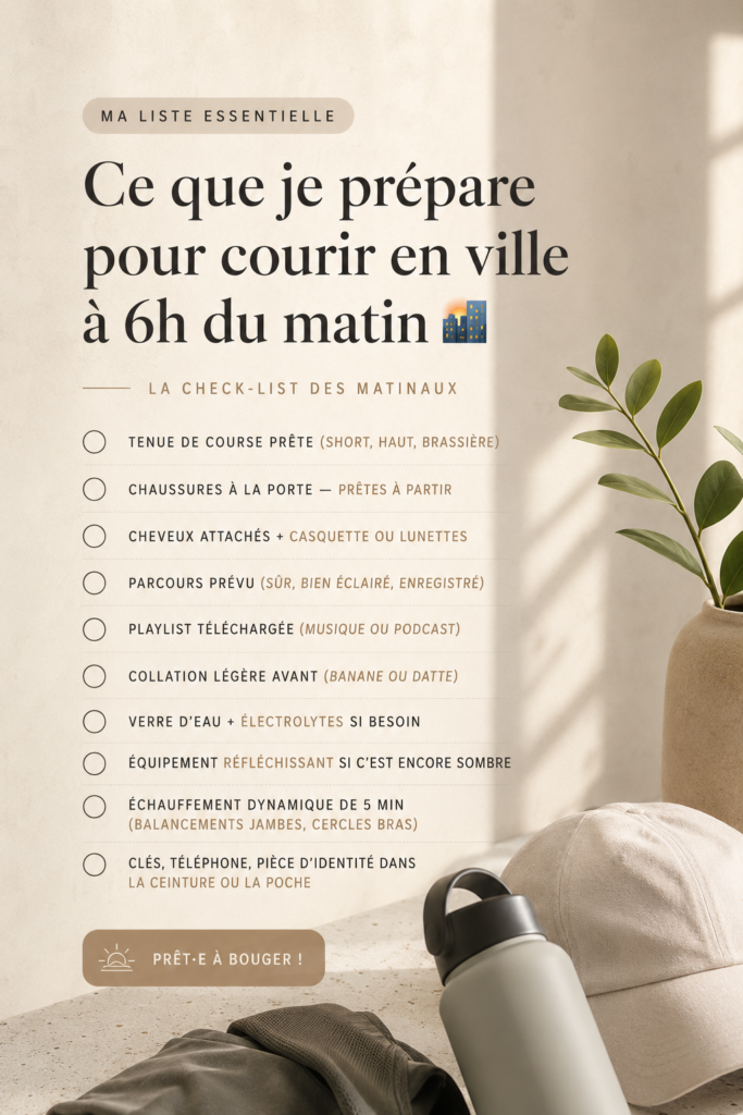Femme courant dans une ville au petit matin avec un sourire, prête pour sa routine matinée