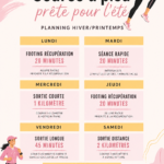 Femme courant sous le soleil d'été avec un programme d'entraînement visible.