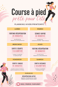 Femme courant sous le soleil d'été avec un programme d'entraînement visible.