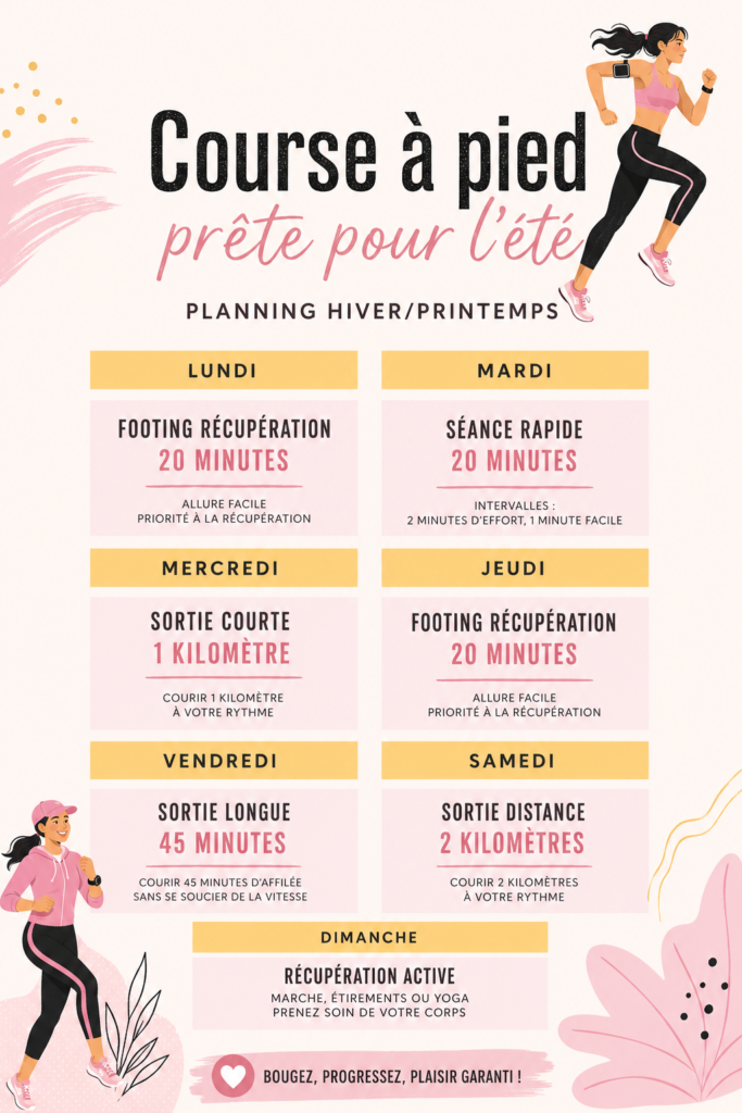 Femme courant sous le soleil d'été avec un programme d'entraînement visible.