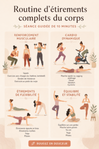 Femme pratiquant une routine d'étirement complet dans un environnement calme et accueillant.