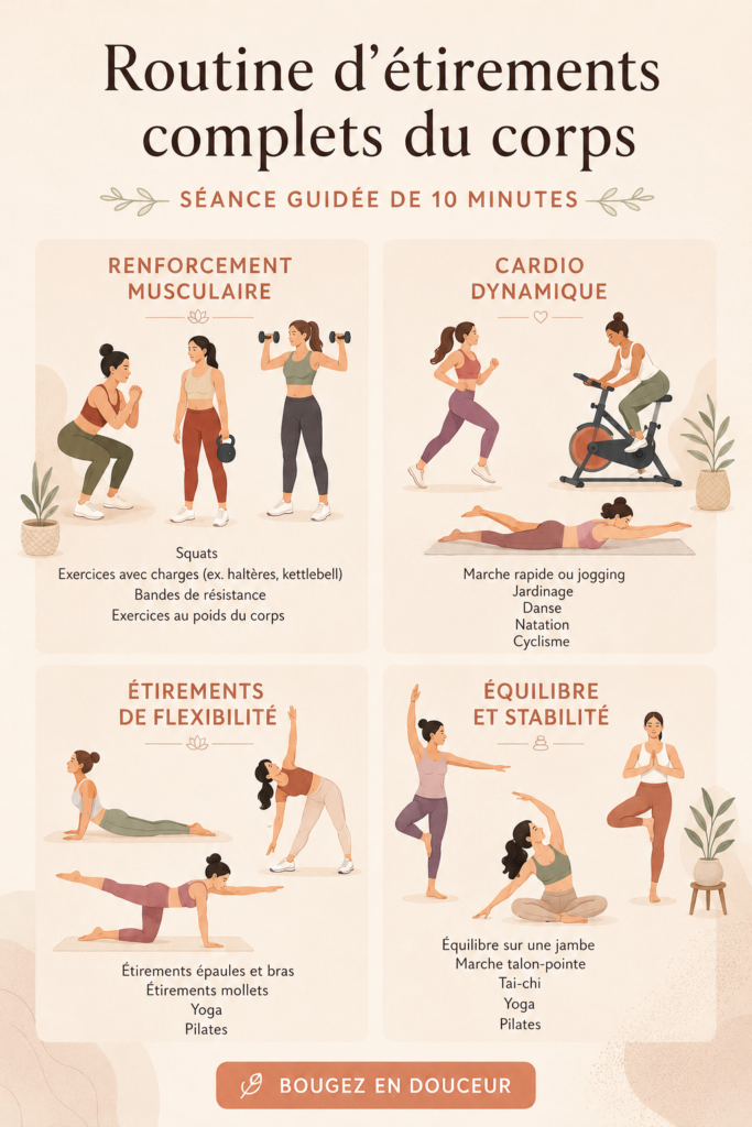 Femme pratiquant une routine d'étirement complet dans un environnement calme et accueillant.