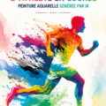 Silhouette athlétique en aquarelle sur fond coloré, représentant le mouvement du sport.