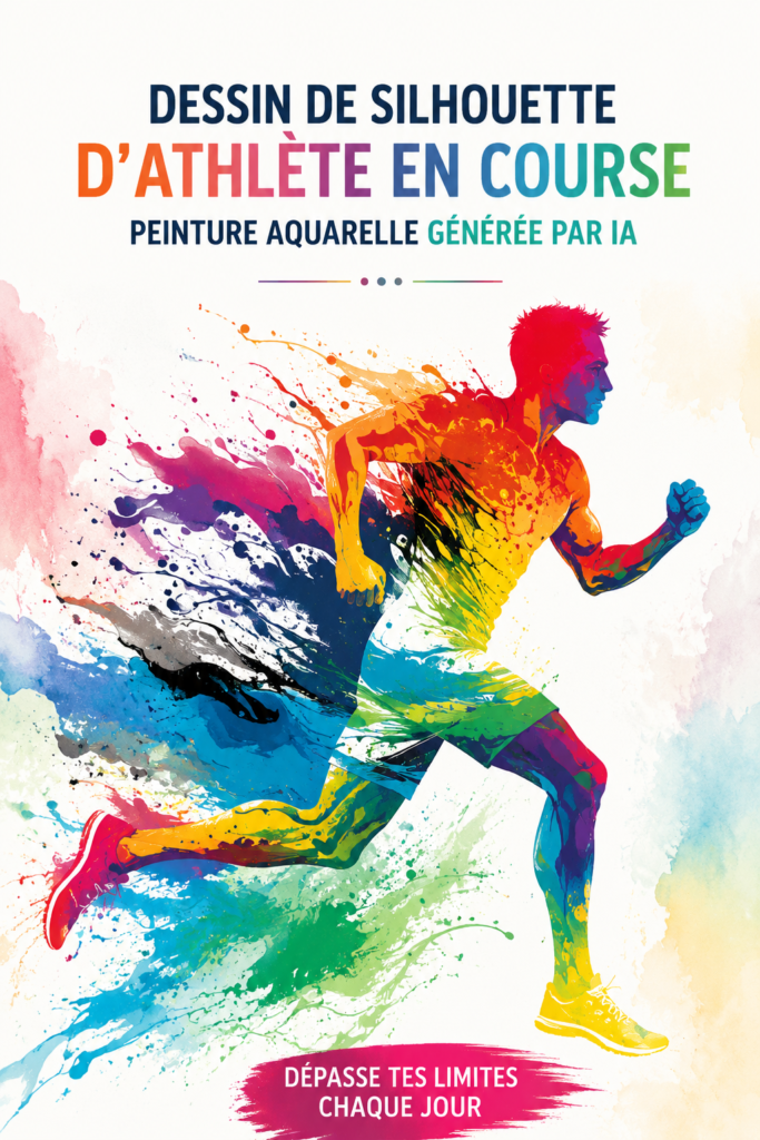 Silhouette athlétique en aquarelle sur fond coloré, représentant le mouvement du sport.