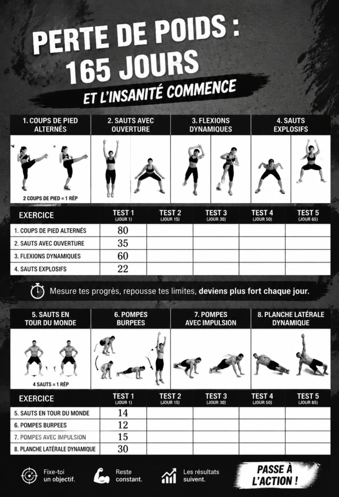 Illustration de la progression d'une perte de poids sur 165 jours, avec une femme souriante et motivée.