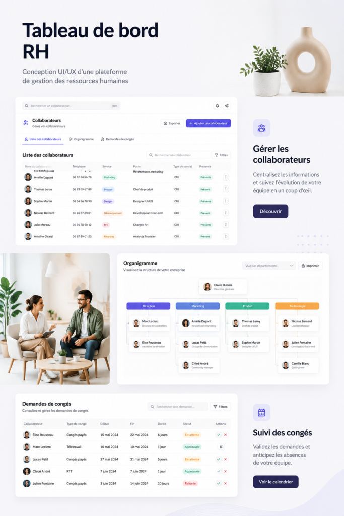Exemple d'un tableau de bord RH avec un design UI/UX moderne