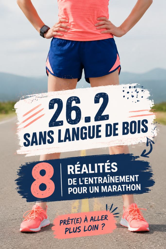 Femme courant un marathon, souriante avec énergie sur le parcours.
