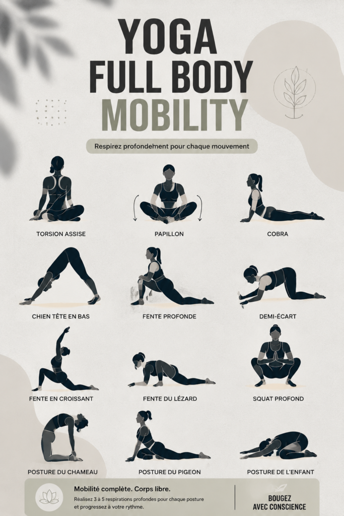 Femme pratiquant une posture de yoga pour améliorer sa mobilité corps entier