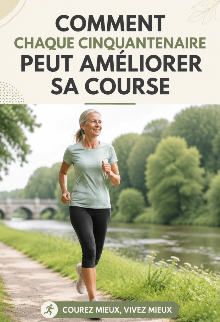 Femme de 50 ans courant dans un parc, soucieuse de sa forme et de sa santé.