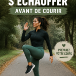 Femme en train de s'échauffer avant une course, dans un environnement extérieur lumineux.