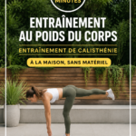 Femme s'entraînant à la maison sans matériel, effectuant des exercices de calisthénie.