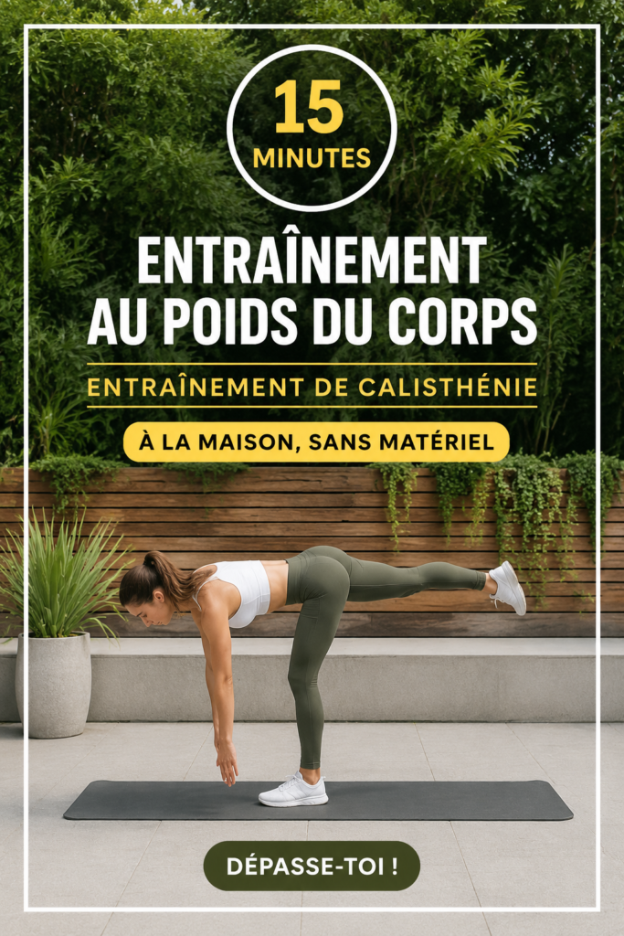 Femme s'entraînant à la maison sans matériel, effectuant des exercices de calisthénie.