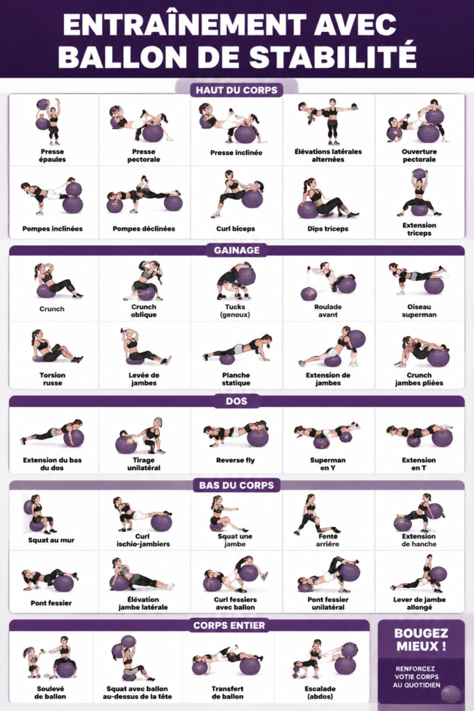 Affiche d'entraînement avec des exercices à la balle de gym pour un corps tonique