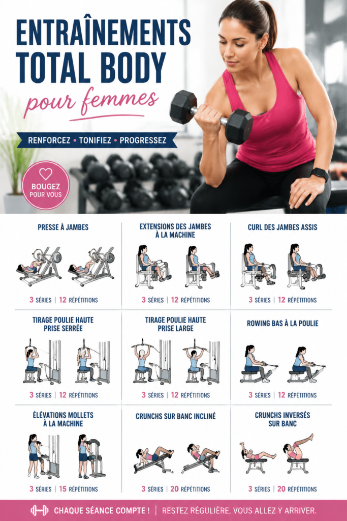 Femme s'exerçant avec des poids dans une salle de sport, représentant un entraînement complet pour les femmes.