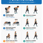 Femme en train de faire des exercices de force à la maison avec des poids.